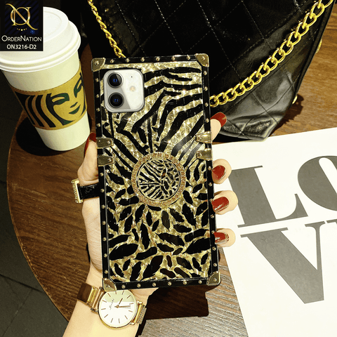 iPhone 12 Cover - Design 2 - Trendy Stripes Pattern Golden Square Case With Matching Bling Ring Holder