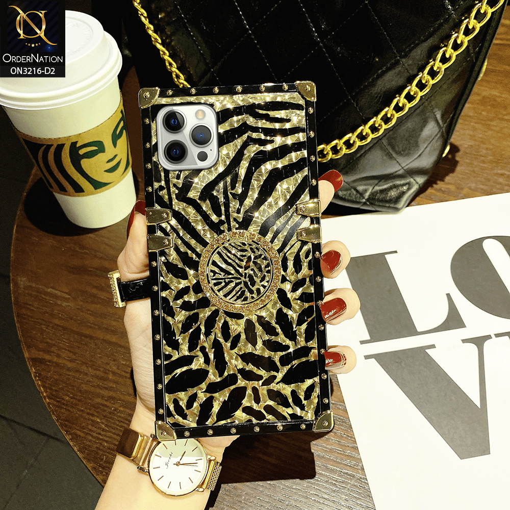 iPhone 12 Pro Cover - Design 2 - Trendy Stripes Pattern Golden Square Case With Matching Bling Ring Holder