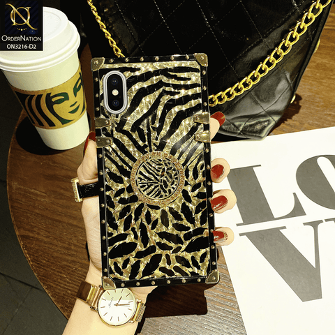 iPhone XS / X Cover - Design 2 - Trendy Stripes Pattern Golden Square Case With Matching Bling Ring Holder