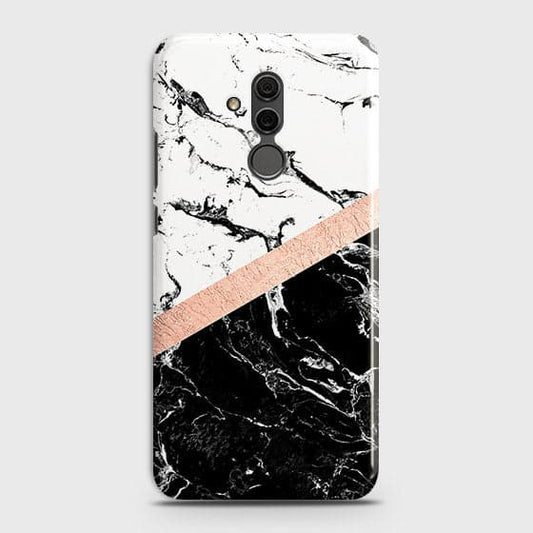 Huawei Mate 20 Lite Cover - Black & White Marble With Chic RoseGold Strip Case with Life Time Colors Guarantee