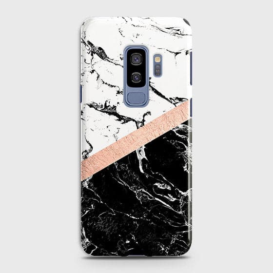 Samsung Galaxy S9 Plus Cover - Black & White Marble With Chic RoseGold Strip Case with Life Time Colors Guarantee