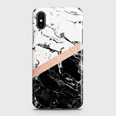 iPhone XS Cover - Black & White Marble With Chic RoseGold Strip Case with Life Time Colors Guarantee