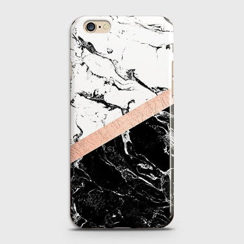 iPhone 6 Plus & iPhone 6S Plus Cover - Black & White Marble With Chic RoseGold Strip Case with Life Time Colors Guarantee