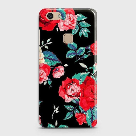 Vivo V7 Cover - Luxury Vintage Red Flowers Printed Hard Case with Life Time Colors Guarantee