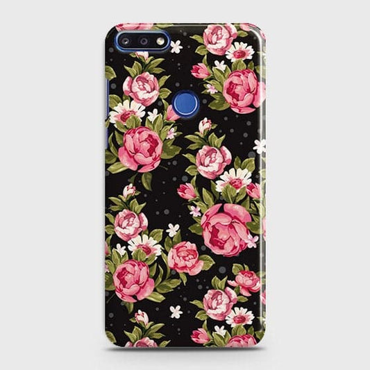 Huawei Y7 Prime 2018 Cover - Trendy Pink Rose Vintage Flowers Printed Hard Case with Life Time Colors Guarante