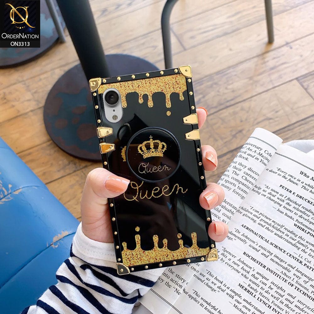 iPhone XR Cover - Black - Golden Electroplated Luxury Square Soft TPU Protective Case with Holder