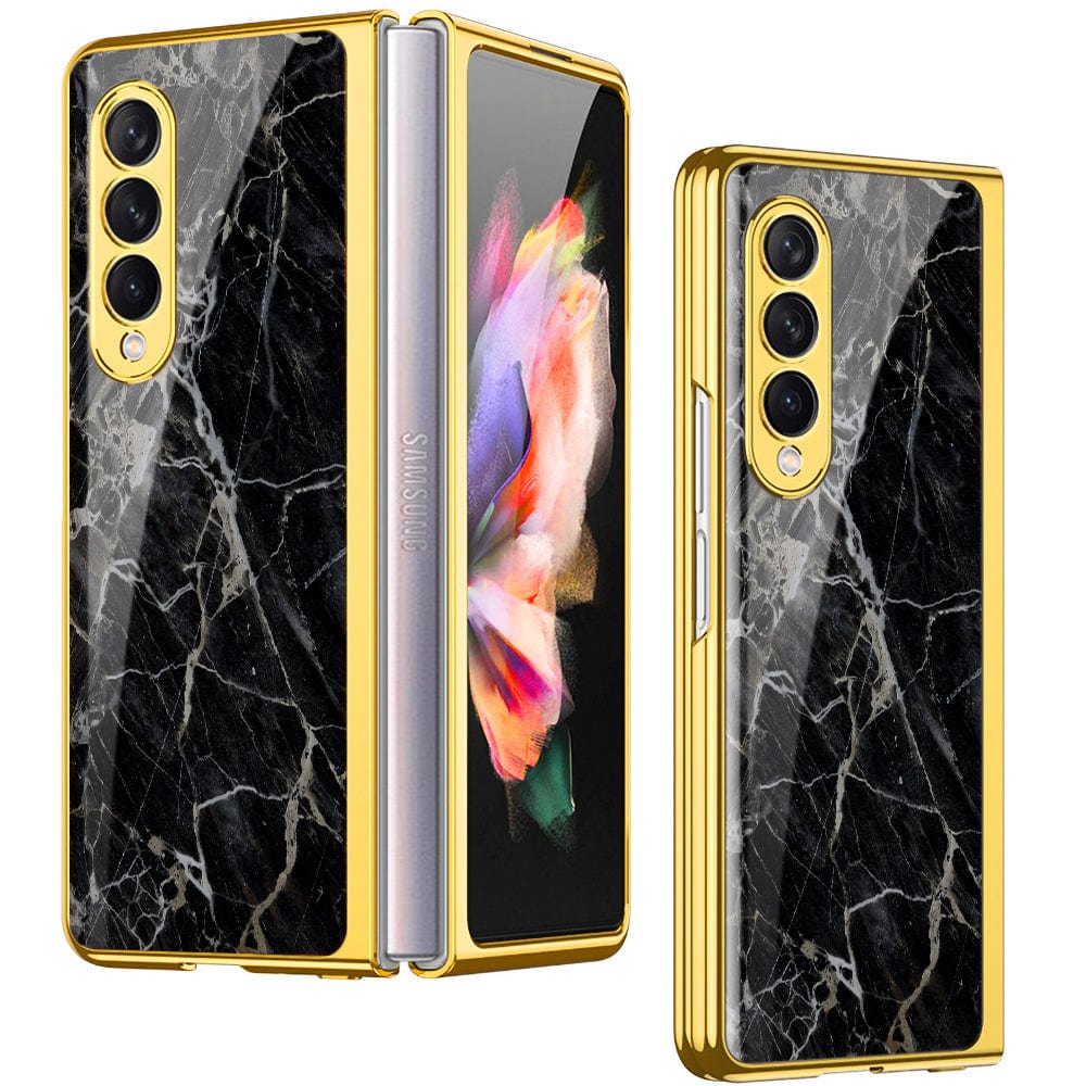 Samsung Galaxy Z Fold 4 5G Cover- Black Marble Series - Premium Electroplated Infinity Ultra Shine Glass Soft Silicon Borders Case