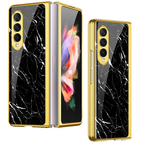 Samsung Galaxy Z Fold 4 5G Cover- Black Marble Series - Premium Electroplated Infinity Ultra Shine Glass Soft Silicon Borders Case