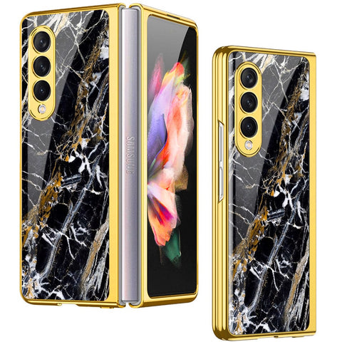 Samsung Galaxy Z Fold 4 5G Cover- Black Marble Series - Premium Electroplated Infinity Ultra Shine Glass Soft Silicon Borders Case