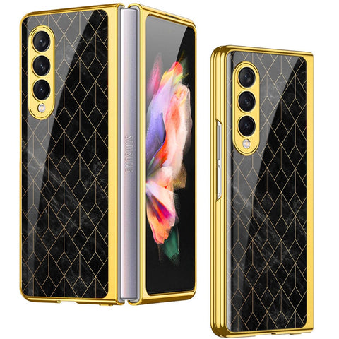 Samsung Galaxy Z Fold 4 5G Cover- Black Marble Series - Premium Electroplated Infinity Ultra Shine Glass Soft Silicon Borders Case