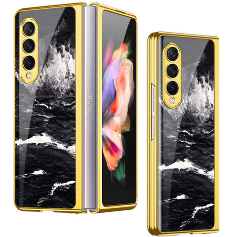 Samsung Galaxy Z Fold 4 5G Cover- Black Marble Series - Premium Electroplated Infinity Ultra Shine Glass Soft Silicon Borders Case