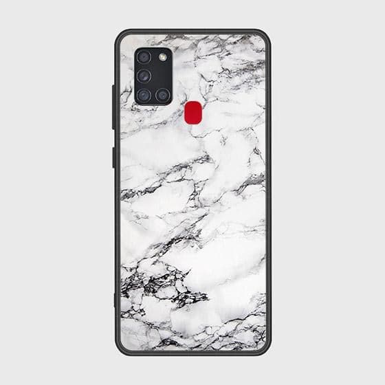 Samsung Galaxy A21s Cover - White Marble Series - HQ Ultra Shine Premium Infinity Glass Soft Silicon Borders Case