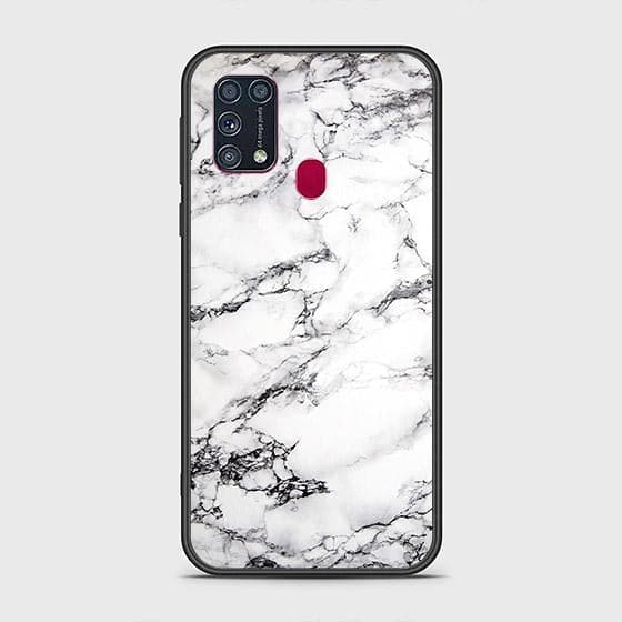 Samsung Galaxy M21 Cover - White Marble Series - HQ Ultra Shine Premium Infinity Glass Soft Silicon Borders Case