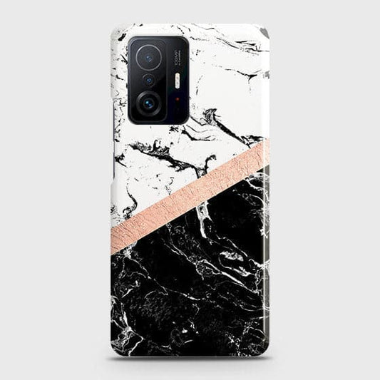 Xiaomi 11T Pro Cover - Black & White Marble With Chic RoseGold Strip Case with Life Time Colors Guarantee