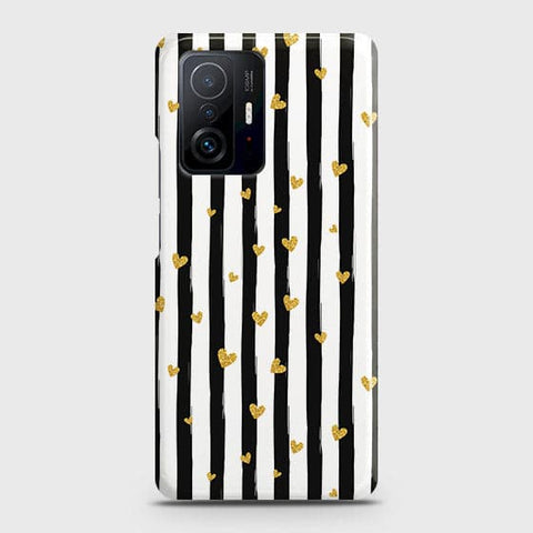 Xiaomi 11T Pro Cover - Trendy Black & White Lining With Golden Hearts Printed Hard Case with Life Time Colors Guarantee