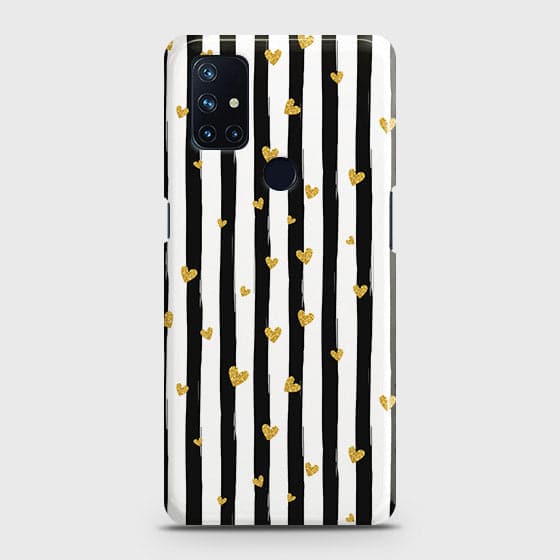 OnePlus Nord N10 5G Cover - Trendy Black & White Lining With Golden Hearts Printed Hard Case with Life Time Colors Guarantee