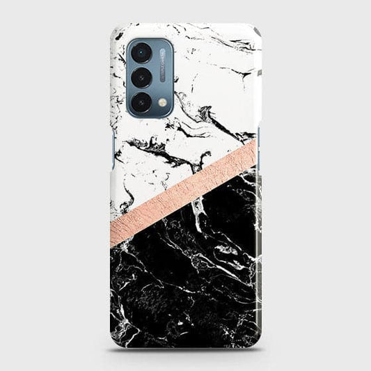 OnePlus Nord N200 5G Cover - Black & White Marble With Chic RoseGold Strip Case with Life Time Colors Guarantee