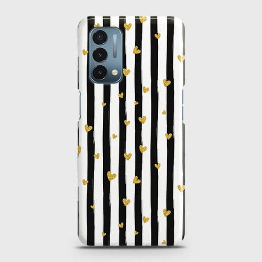 OnePlus Nord N200 5G Cover - Trendy Black & White Lining With Golden Hearts Printed Hard Case with Life Time Colors Guarantee