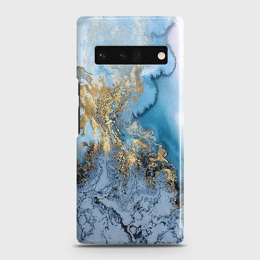 Google Pixel 6 Pro Cover - Trendy Golden & Blue Ocean Marble Printed Hard Case with Life Time Colors Guarantee