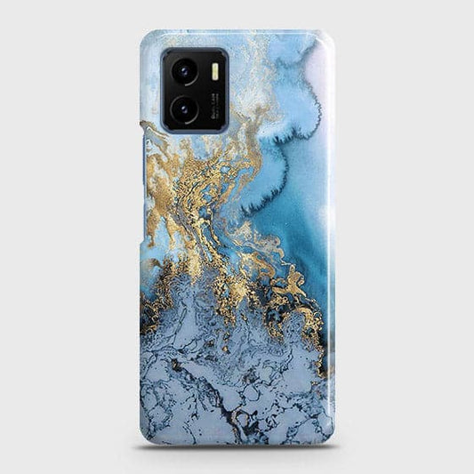 Vivo Y15s Cover - Trendy Golden & Blue Ocean Marble Printed Hard Case with Life Time Colors Guarantee(1B30)