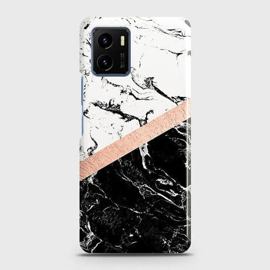 Vivo Y15s Cover - Black & White Marble With Chic RoseGold Strip Case with Life Time Colors Guarantee