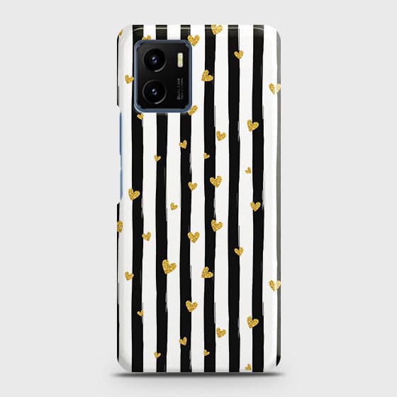 Vivo Y15s Cover - Trendy Black & White Lining With Golden Hearts Printed Hard Case with Life Time Colors Guarantee