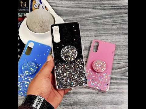 Oppo A92 Cover - Blue - Fancy Bling Glitter Soft Case With  Holder - Glitter Does Not Move