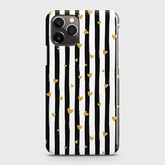 iPhone 11 Pro Cover - Trendy Black & White Lining With Golden Hearts Printed Hard Case with Life Time Colors Guarantee