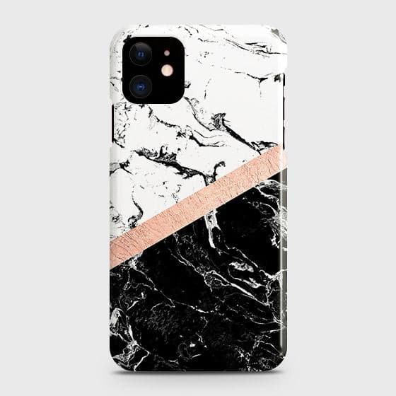 iPhone 12 Cover - Black & White Marble With Chic RoseGold Strip Case with Life Time Colors Guarantee