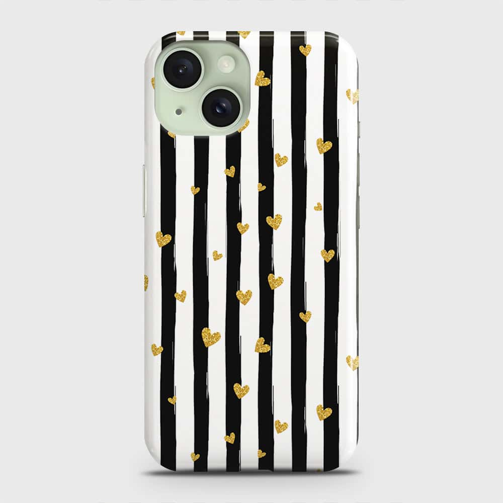 iPhone 15 Cover - Trendy Black & White Lining With Golden Hearts Printed Hard Case with Life Time Colors Guarantee