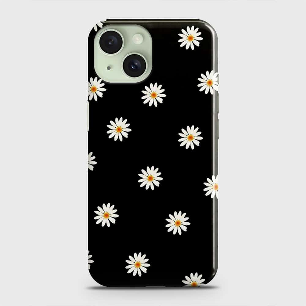 iPhone 15 Cover - White Bloom Flowers with Black Background Printed Hard Case with Life Time Colors Guarantee