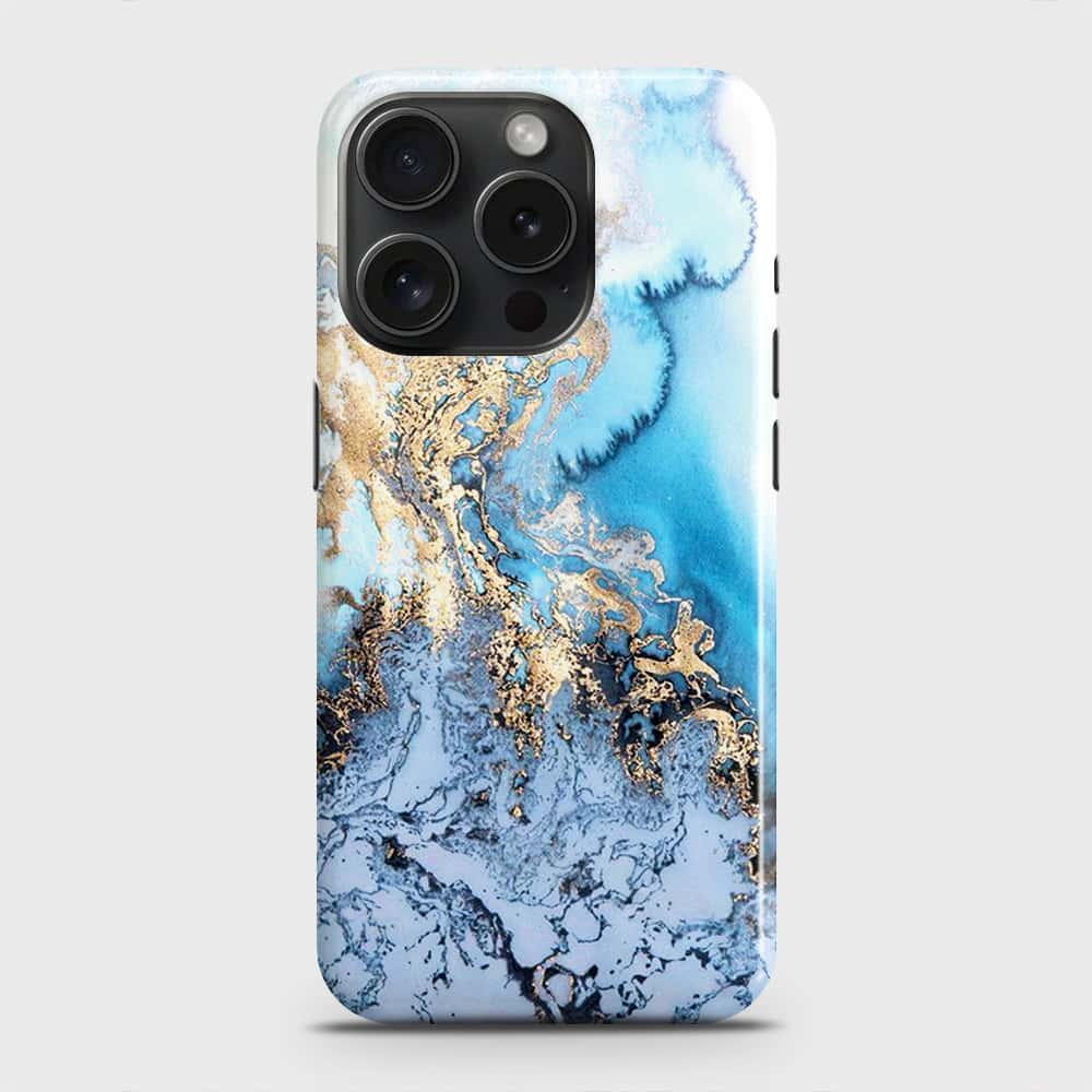 iPhone 15 Pro Cover - Trendy Golden & Blue Ocean Marble Printed Hard Case with Life Time Colors Guarantee