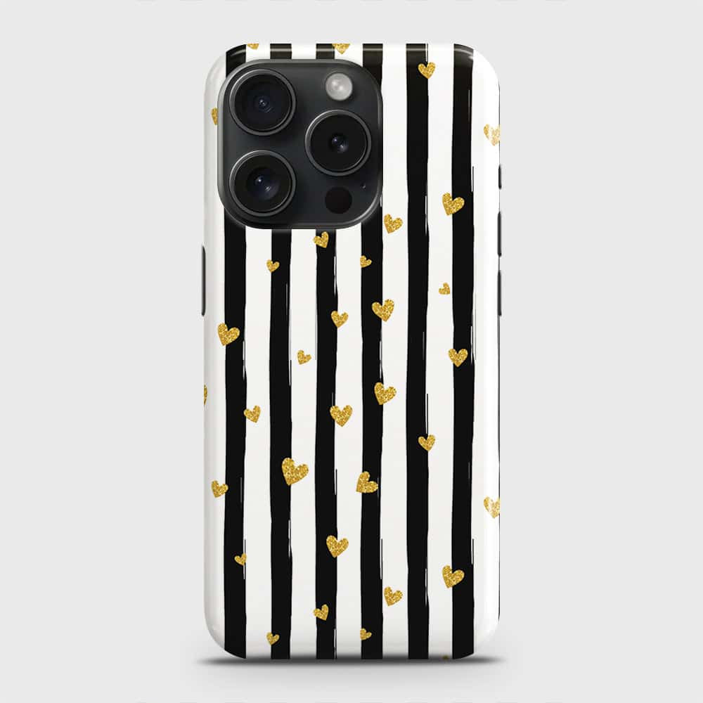 iPhone 15 Pro Cover - Trendy Black & White Lining With Golden Hearts Printed Hard Case with Life Time Colors Guarantee