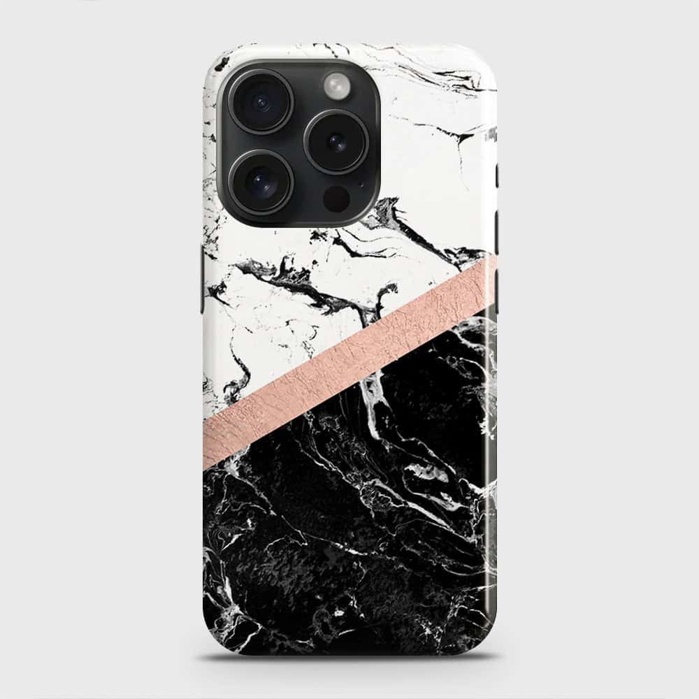 iPhone 15 Pro Cover - Black & White Marble With Chic RoseGold Strip Case with Life Time Colors Guarantee