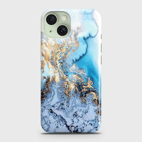 iPhone 15 Plus Cover - Trendy Golden & Blue Ocean Marble Printed Hard Case with Life Time Colors Guarantee