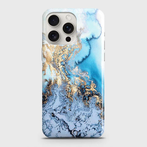 iPhone 15 Pro Max Cover - Trendy Golden & Blue Ocean Marble Printed Hard Case with Life Time Colors Guarantee