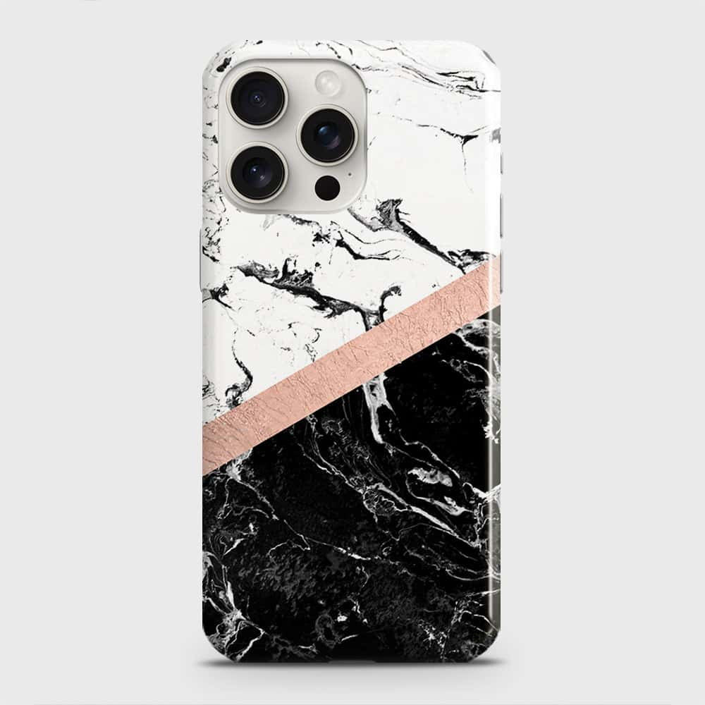 iPhone 15 Pro Max Cover - Black & White Marble With Chic RoseGold Strip Case with Life Time Colors Guarantee