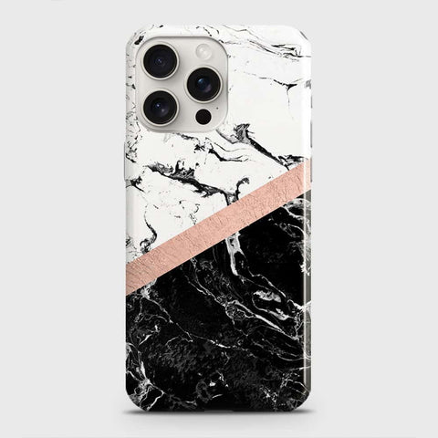 iPhone 15 Pro Max Cover - Black & White Marble With Chic RoseGold Strip Case with Life Time Colors Guarantee