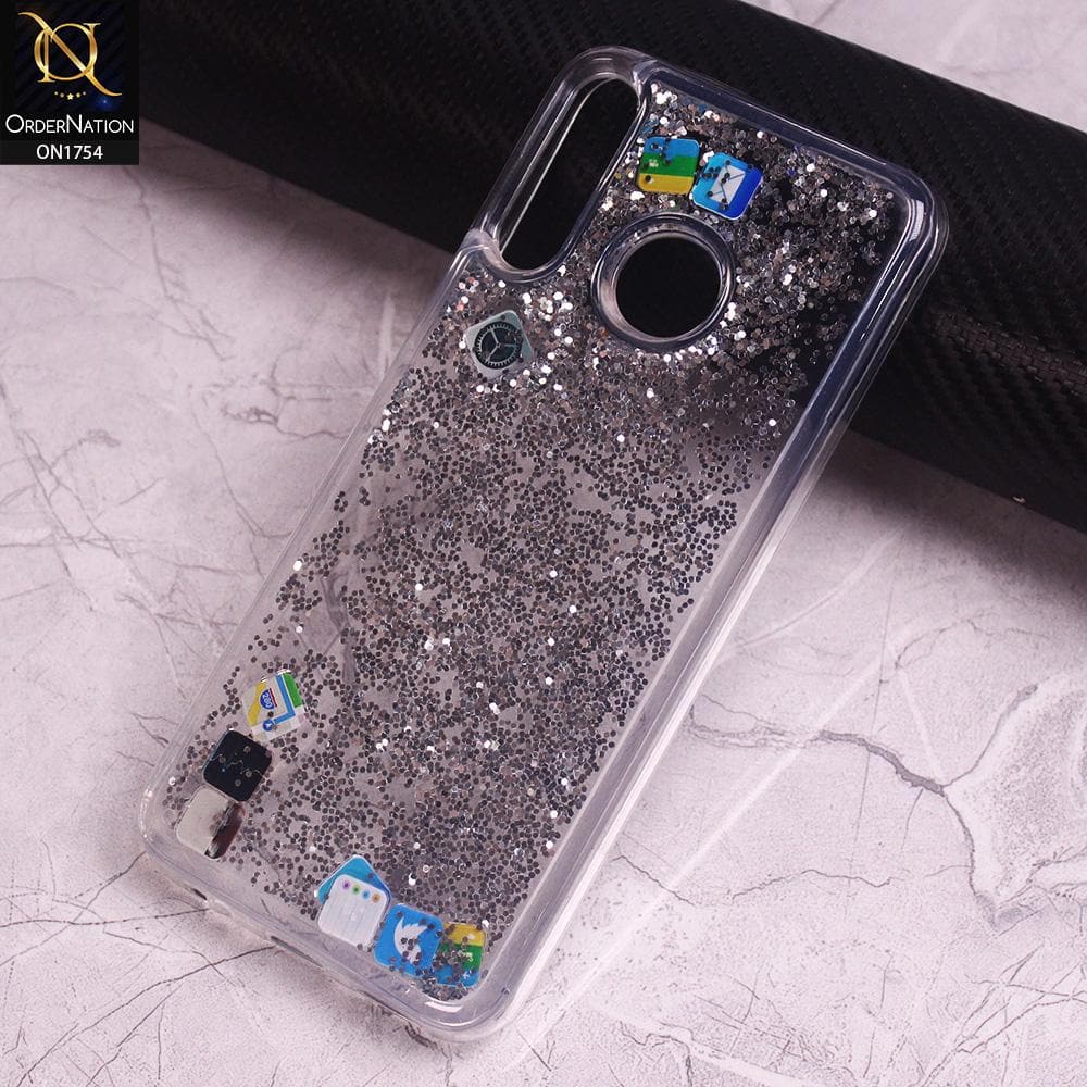 Infinix Hot 8 Cover - Silver - Floating Liquid Bling Glitter Icons Soft Borders Protective Case