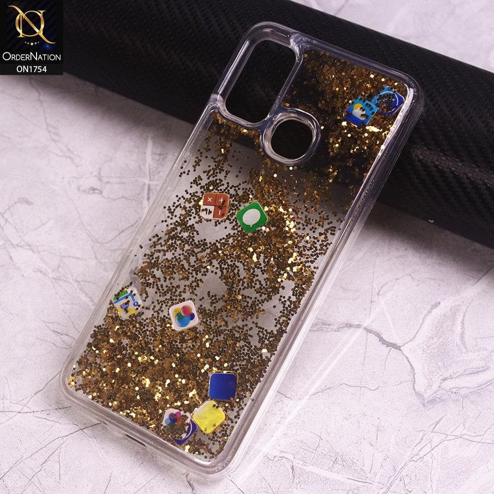 Infinix Hot 9 Play Cover - Golden - Floating Liquid Bling Glitter Icons Soft Borders Protective Case