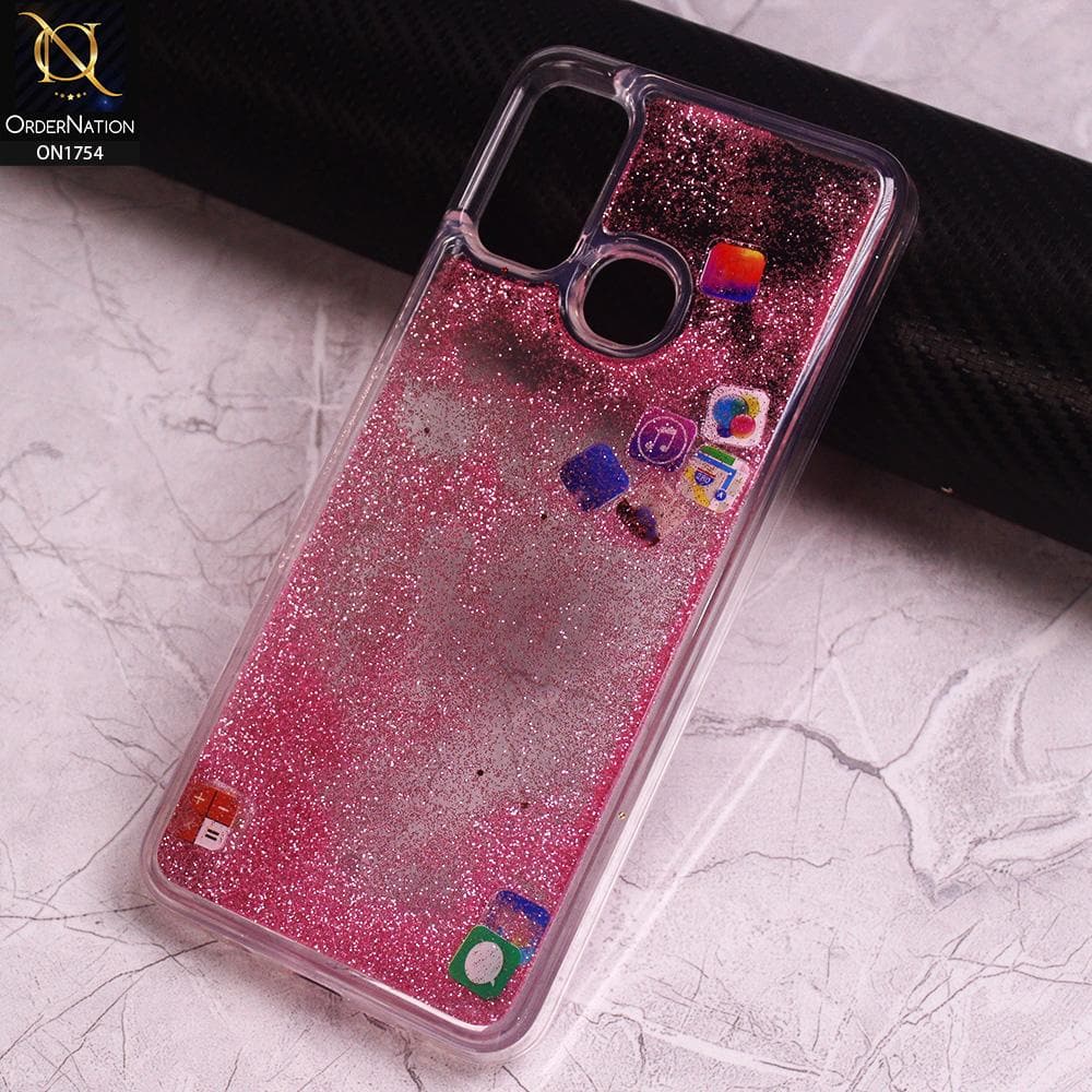 Infinix Hot 9 Play Cover - Pink - Design 1 - Floating Liquid Bling Glitter Icons Soft Borders Protective Case