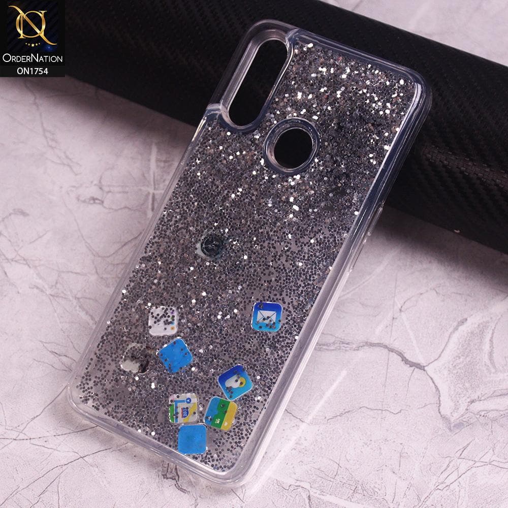 Oppo A8 Cover - Silver - Floating Liquid Bling Glitter Icons Soft Borders Protective Case