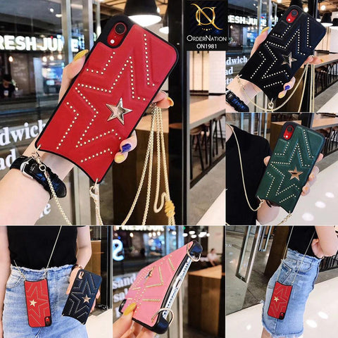 New Fashion Pu Leather Star Back Case With Long Strap Metal Chain For iPhone XS / X - Red