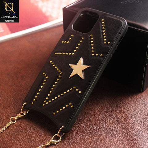 New Fashion Pu Leather Star Back Case With Long Strap Metal Chain For iPhone 11 Pro - Black