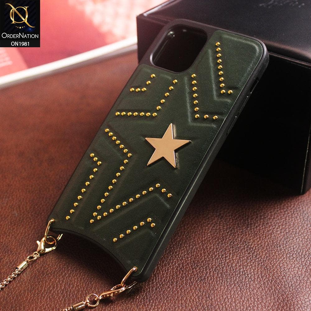 New Fashion Pu Leather Star Back Case With Long Strap Metal Chain For iPhone 11 Pro - Green