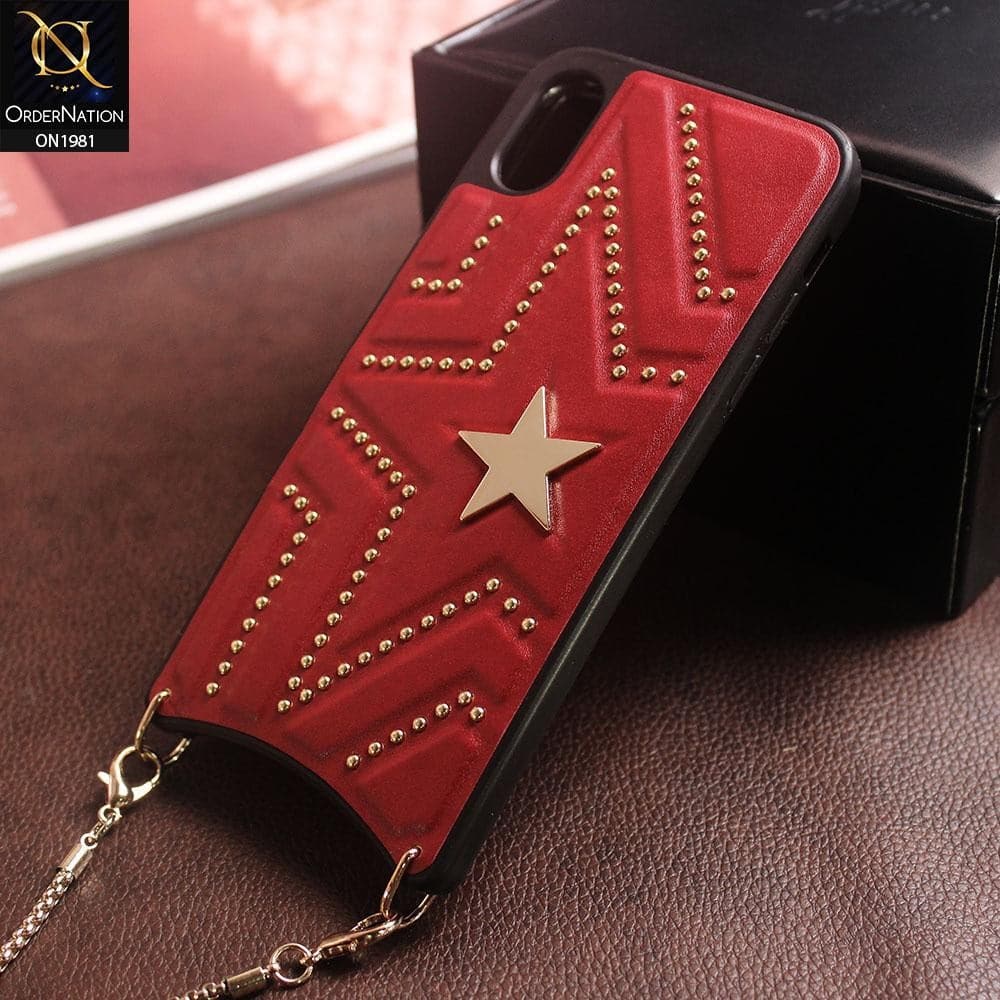 New Fashion Pu Leather Star Back Case With Long Strap Metal Chain For iPhone XS / X - Red