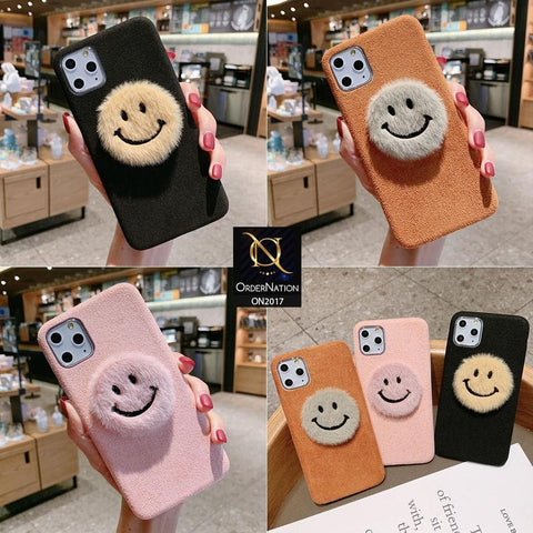 Cute Emoticon Smile Plush Fur Case For iPhone 11 Pro - Brown