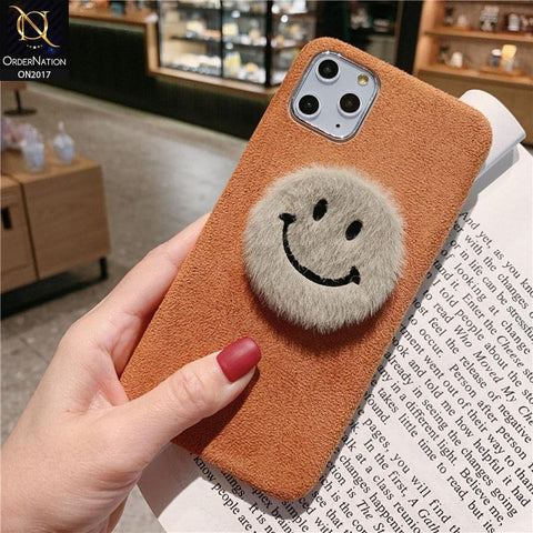 Cute Emoticon Smile Plush Fur Case For iPhone 11 Pro - Brown