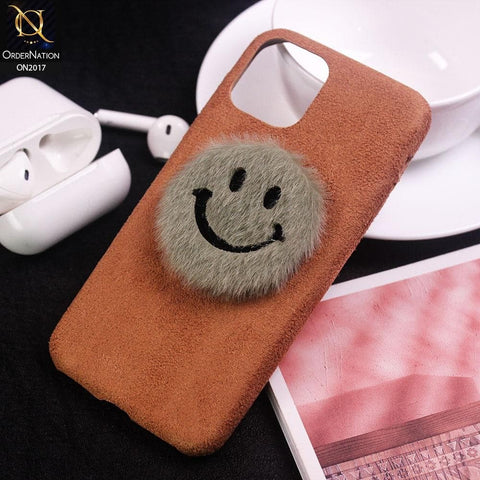 Cute Emoticon Smile Plush Fur Case For iPhone 11 Pro - Brown