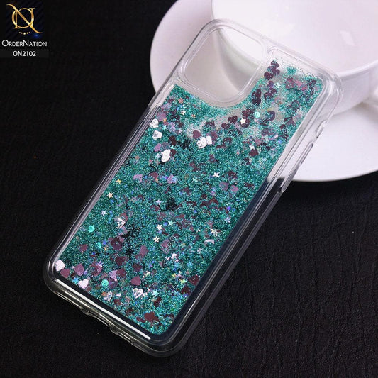 iPhone 11 Pro Max Cover - Sea Green - Cute Love Hearts Liquid Glitter Pc Back Case